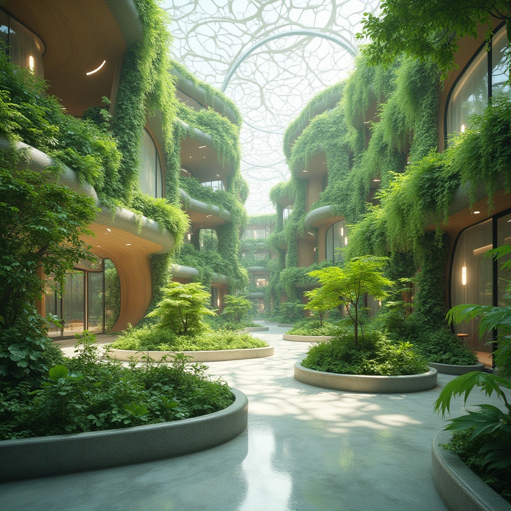 Prompt: Vibrant green walls, living roofs, natural ventilation systems, large skylights, abundance of plants, organic shapes, futuristic healthcare facilities, eco-friendly materials, recycled wood accents, energy-harvesting fa\u00e7ades, solar panels, wind turbines, rainwater harvesting systems, grey water reuse, self-sustaining ecosystems, calming ambiance, soft diffused lighting, minimalist interior design, innovative medical equipment, cutting-edge technology integration, 3/4 composition, shallow depth of field, realistic textures, ambient occlusion.