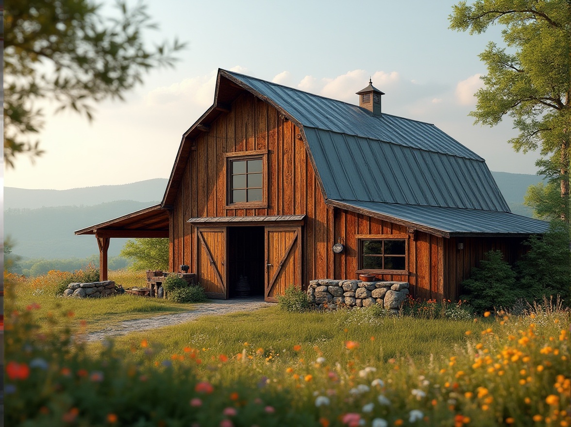 Prompt: Rustic barn, wooden accents, natural stone foundation, lush greenery, wildflowers, vintage farming tools, distressed wood textures, earthy color palette, soft warm lighting, shallow depth of field, 3/4 composition, panoramic view, realistic weathering effects, ambient occlusion, romantic countryside landscape, rolling hills, serene atmosphere, innovative facade materials, metallic cladding, reclaimed wood panels, corrugated metal roofs, modern minimalist touches, industrial chic details.