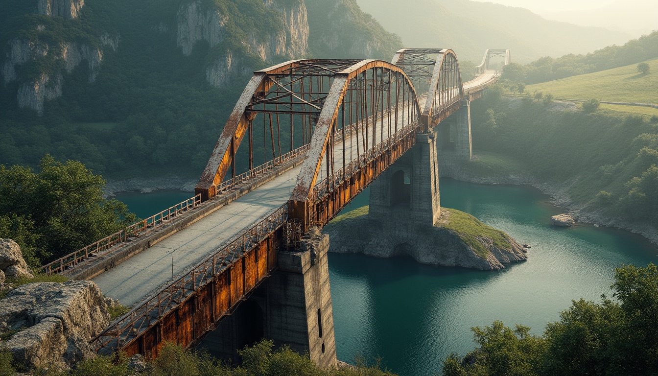 Prompt: Rugged bridge structure, weathered steel beams, reinforced concrete pillars, durable asphalt roadways, textured stone walls, corrosion-resistant metal railings, vibrant greenery, surrounding water bodies, misty morning atmosphere, soft warm lighting, shallow depth of field, 3/4 composition, realistic textures, ambient occlusion.