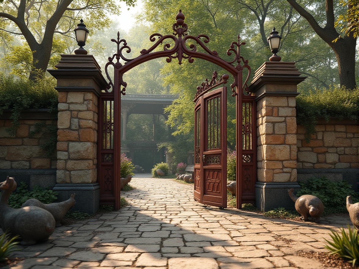 Prompt: Vintage zoo entrance, rusty metal gates, weathered stone walls, moss-covered brick paths, ornate iron fences, distressed wood accents, natural stone pedestals, antique animal sculptures, warm sunny day, soft diffused lighting, shallow depth of field, 3/4 composition, panoramic view, realistic textures, ambient occlusion.