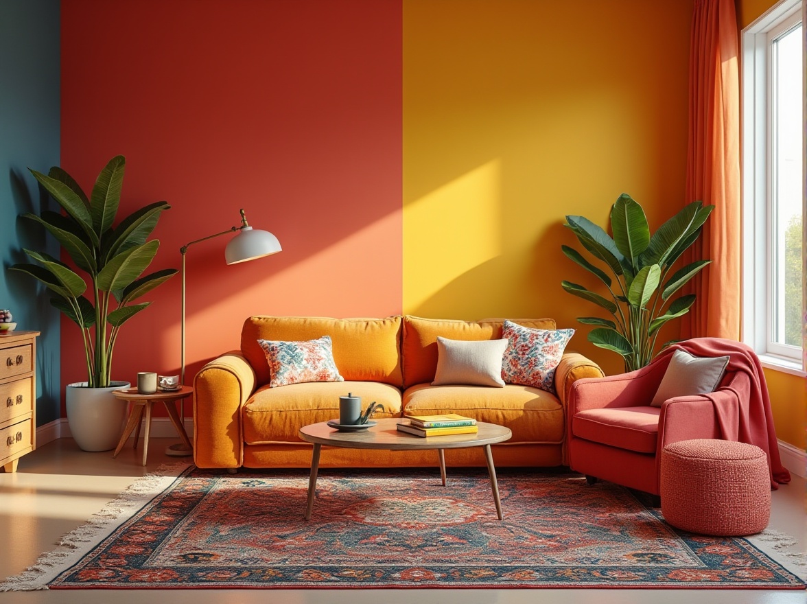 Prompt: Vibrant accent walls, bold patterned rugs, statement furniture pieces, pops of bright colors, eclectic decorative objects, playful textiles, lively artwork, whimsical accessories, modern interior design, sleek lines, minimalist backdrop, warm golden lighting, shallow depth of field, 1/2 composition, realistic materials, ambient occlusion.