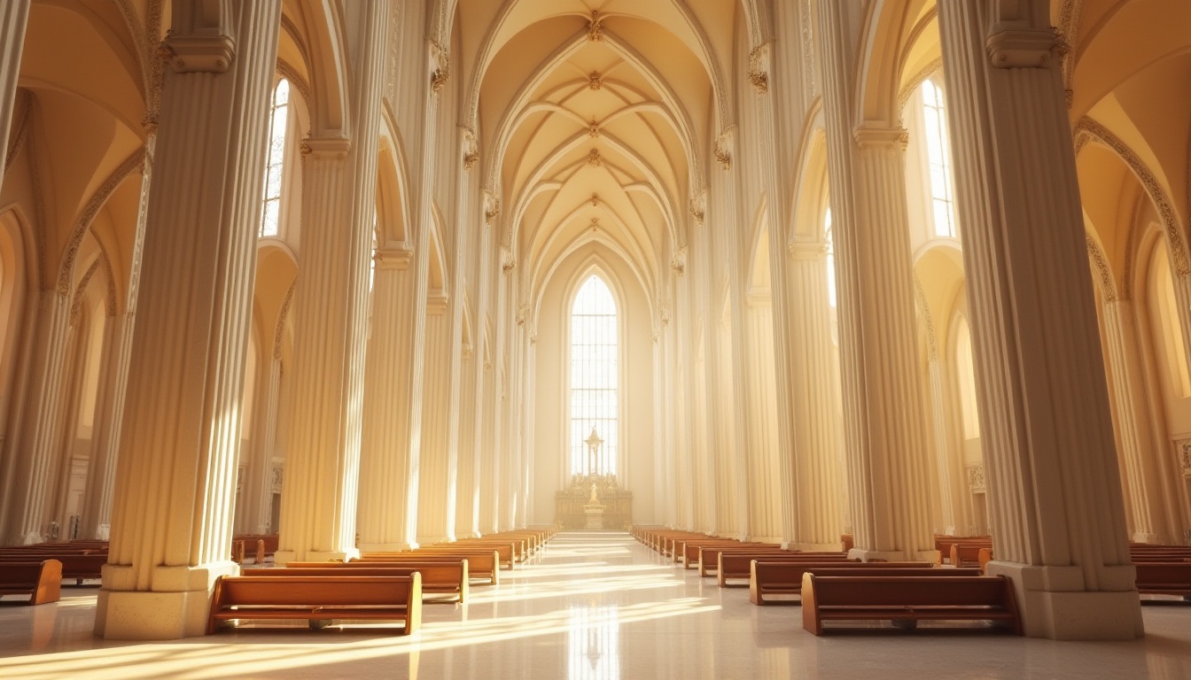 Prompt: Elegant church architecture, vaulted ceilings, stained glass windows, warm golden light, soft diffused illumination, clerestory windows, high ceilings, open interior spaces, minimal obstructions, reflective surfaces, creamy white walls, polished marble floors, subtle shading, dramatic verticality, symmetrical composition, grand entrance, imposing columns, ornate details, spiritual ambiance, serene atmosphere, peaceful natural lighting, warm beige tones, soft shadows, 1/2 composition, gentle warm colors.