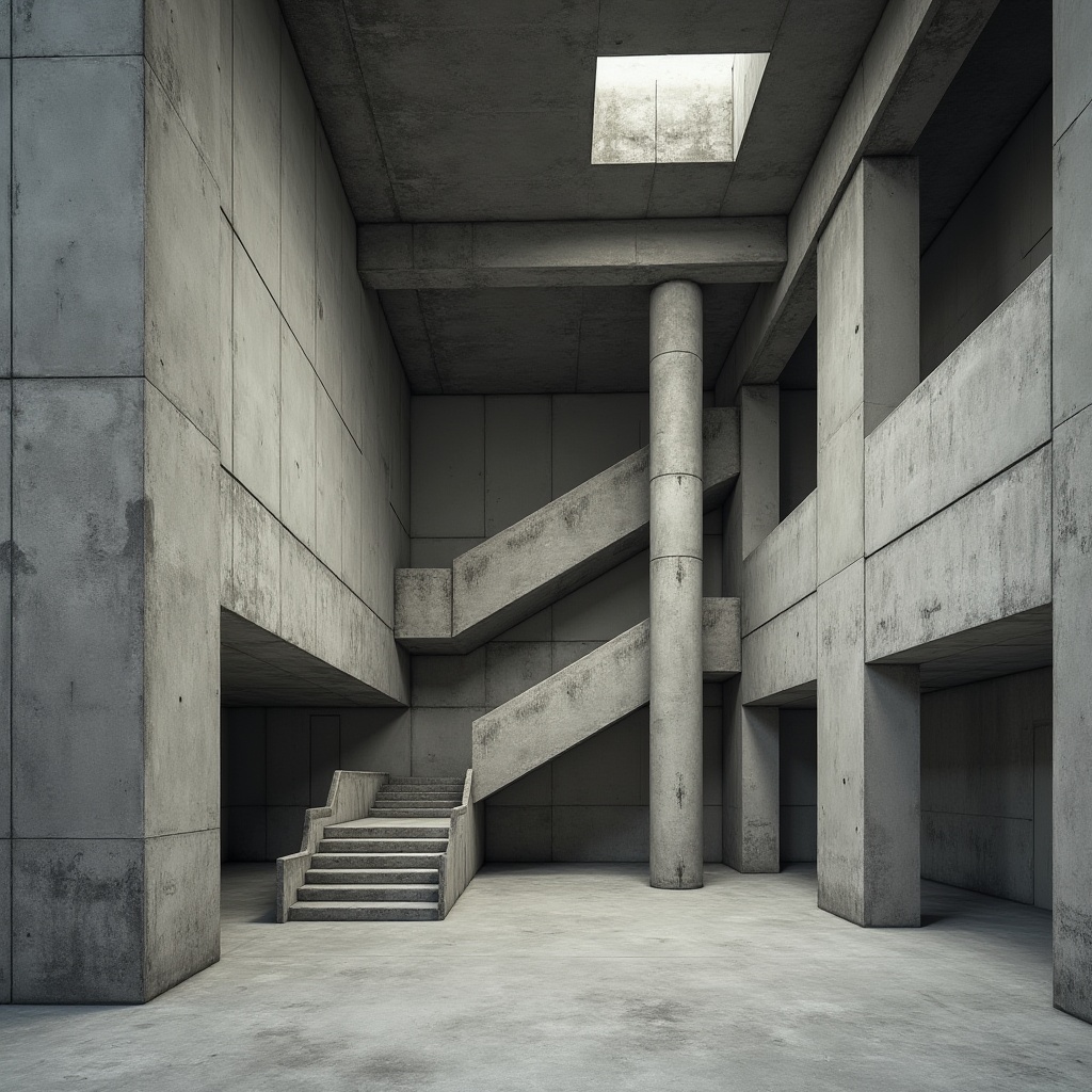 Prompt: Raw concrete walls, exposed ductwork, industrial pipes, minimalist aesthetic, functional simplicity, bold rectangular forms, fortress-like architecture, dramatic cantilevers, chunky brutalist columns, rugged stone foundations, metal beam ceilings, angular staircases, utilitarian functionality, harsh overhead lighting, monochromatic color scheme, textured rough-hewn surfaces, imposing monumental scale, abstract geometric shapes, urban context integration.