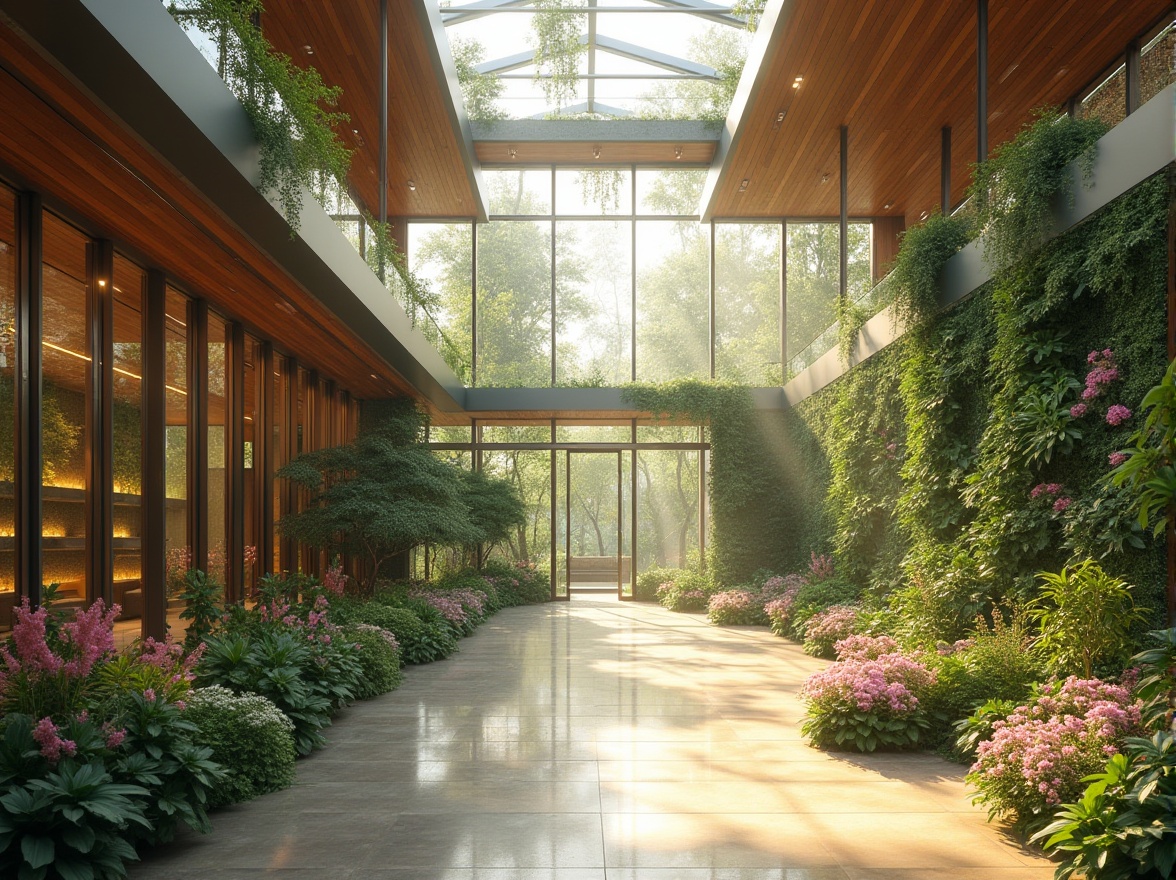 Prompt: Elegant interior space, large windows, glass doors, clerestory windows, skylights, solar tubes, natural light pouring in, soft warm glow, gentle shadows, ambient occlusion, energy-efficient solutions, sustainable architecture, eco-friendly materials, green roofs, living walls, vertical gardens, lush greenery, vibrant flowers, blooming plants, serene ambiance, peaceful atmosphere, shallow depth of field, 3/4 composition, realistic textures.