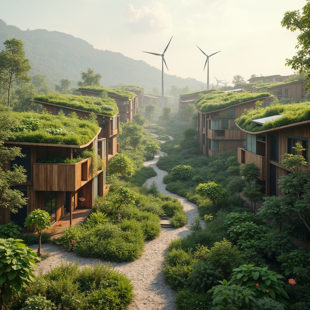 Prompt: Eco-friendly residential community, green roofs, solar panels, wind turbines, recycled materials, energy-efficient systems, organic gardens, permaculture design, composting facilities, rainwater harvesting, grey water reuse, natural ventilation, passive heating and cooling, living walls, bio-based insulation, reclaimed wood accents, minimalist decor, circular economy principles, 3/4 composition, warm natural lighting, soft focus, shallow depth of field, panoramic view, realistic textures, ambient occlusion.