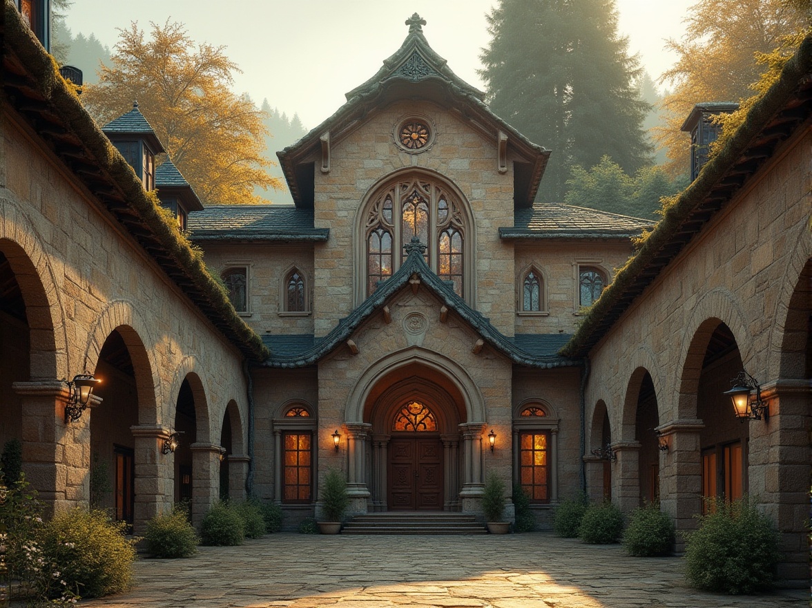 Prompt: Rustic monastery facade, stone walls, ornate carvings, stained glass windows, grand entrance, arched doorways, intricate moldings, weathered stonework, moss-covered roofs, vintage lanterns, warm golden lighting, soft focus, 1/2 composition, symmetrical balance, subtle texture overlays, realistic normal mapping, atmospheric fog effects, Renaissance-inspired ornamentation, elegant proportions, harmonious color palette.