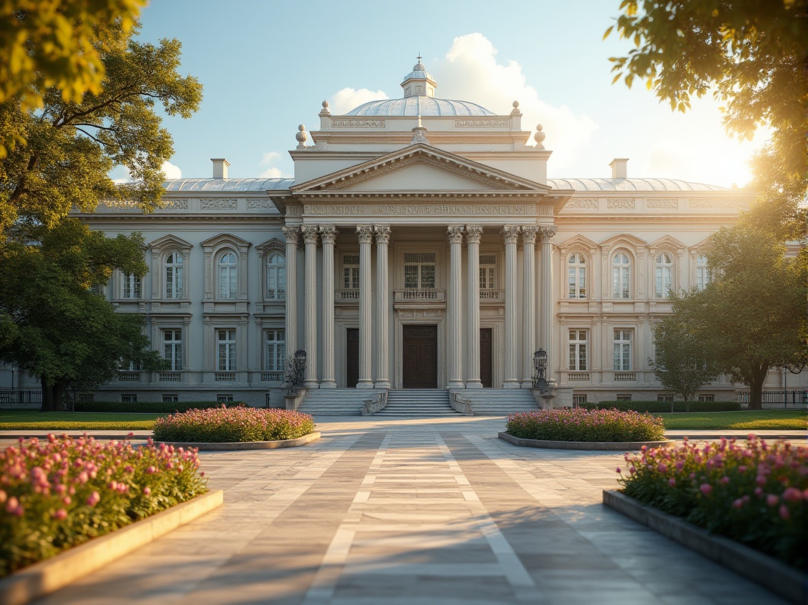 Prompt: Grand university building, neoclassical columns, ornate capitals, majestic archways, symmetrical facade, rusticated base, polished marble floors, intricate stone carvings, imposing entrance gates, manicured lawns, vibrant flowerbeds, mature trees, sunny afternoon, soft warm lighting, shallow depth of field, 3/4 composition, panoramic view, realistic textures, ambient occlusion.