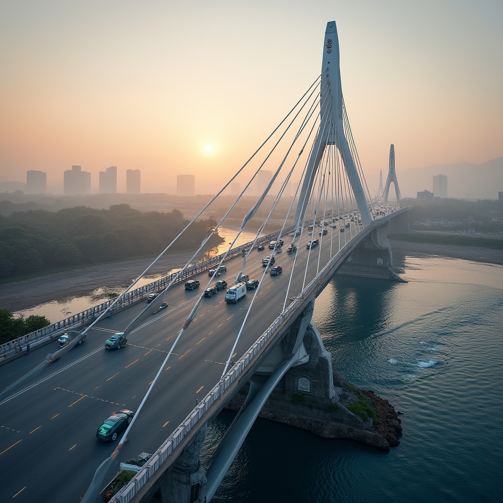 Prompt: Sleek modern bridge, metallic silver beams, polished steel railings, gleaming white accents, subtle grey concrete piers, vibrant blue LED lighting, warm golden sunset, misty atmospheric effects, shallow depth of field, 1/1 composition, realistic reflections, ambient occlusion, futuristic architecture, urban cityscape, busy roadways, flowing water currents, lush green riverbanks, natural stone abutments.