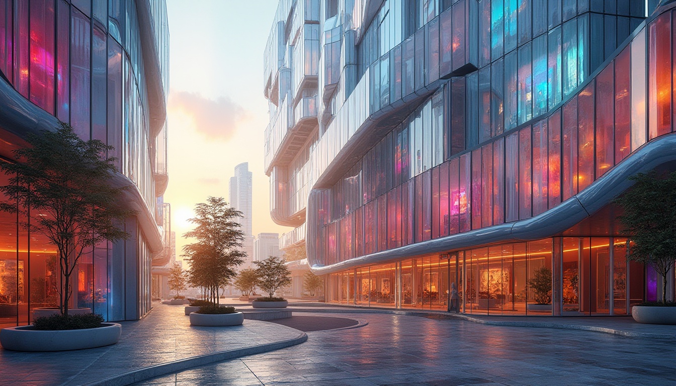 Prompt: Vibrant colored glass facades, iridescent reflections, translucent panels, undulating curves, parametric design, futuristic architecture, gleaming metallic frames, urban cityscape, morning sunlight, soft warm illumination, 1/2 composition, shallow depth of field, realistic textures, ambient occlusion.