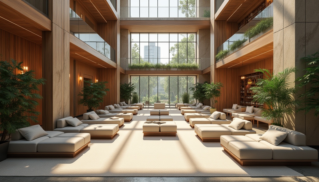 Prompt: Grand atrium, high ceilings, floor-to-ceiling windows, abundant natural light, warm wood tones, comfortable reading nooks, plush couches, soft carpeting, minimal artificial lighting, diffused sunlight, subtle shadows, relaxed atmosphere, peaceful ambiance, studious vibe, modern architectural design, sleek lines, minimalist decor, neutral color palette, abundant greenery, lush plants, organic textures, natural stone walls, wooden accents, elegant chandeliers, soft warm glow, 1/2 composition, shallow depth of field, realistic rendering.