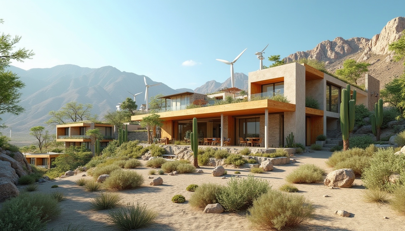 Prompt: Eco-friendly buildings, green roofs, solar panels, wind turbines, rainwater harvesting systems, recycled materials, low-carbon footprint, energy-efficient designs, natural ventilation systems, living walls, urban gardens, minimalist aesthetics, reclaimed wood accents, bamboo flooring, large windows, clerestory lighting, open-plan interiors, passive solar heating, cooling systems, desert landscape, cactus plants, hot sunny day, clear blue sky.