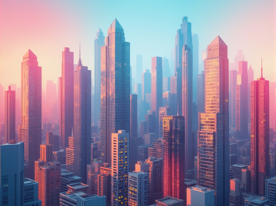 Prompt: Vibrant cityscape, sleek skyscrapers, modern architectural facades, bold color blocking, contrasting hues, harmonious palettes, monochromatic schemes, neutral backgrounds, accent walls, dynamic lighting effects, warm ambience, cool tones, pastel shades, metallic finishes, reflective surfaces, gradient transitions, ombre effects, 3D visualizations, atmospheric perspectives, abstract compositions, stylized textures.