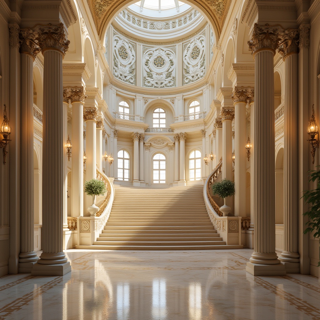 Prompt: Grand symmetrical staircase, elegant archways, harmonious column arrangements, majestic domed roofs, intricately patterned floors, ornate mirror reflections, lavish chandeliers, luxurious furnishings, sophisticated color palettes, balanced compositions, perfect proportions, axial alignments, radial symmetry, classical architectural styles, neoclassical influences, serene ambient lighting, soft warm tones, shallow depth of field, 3/4 composition, panoramic views.