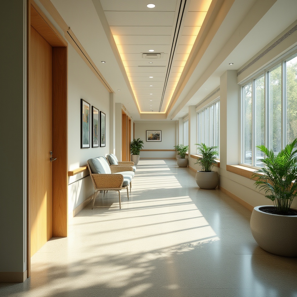 Prompt: \Soothing hospital corridors, calming natural light, comfortable waiting areas, ergonomic seating, warm wood accents, gentle color schemes, minimal medical equipment visibility, acoustic paneling, sound-absorbing materials, stress-reducing artwork, peaceful patient rooms, soft carpeting, rounded corners, wheelchair-accessible pathways, natural ventilation systems, abundant greenery, serene water features, calming ambient lighting, shallow depth of field, 1/2 composition, realistic textures, subtle reflections.\