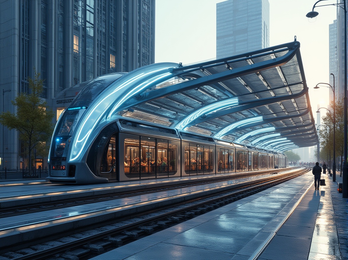 Prompt: Futuristic tram station, sleek metallic exterior, dynamic LED lighting, curved glass roofs, angular steel beams, cantilevered canopies, modern urban landscape, busy city streets, rush hour atmosphere, morning sunlight, shallow depth of field, 3/4 composition, panoramic view, realistic textures, ambient occlusion.