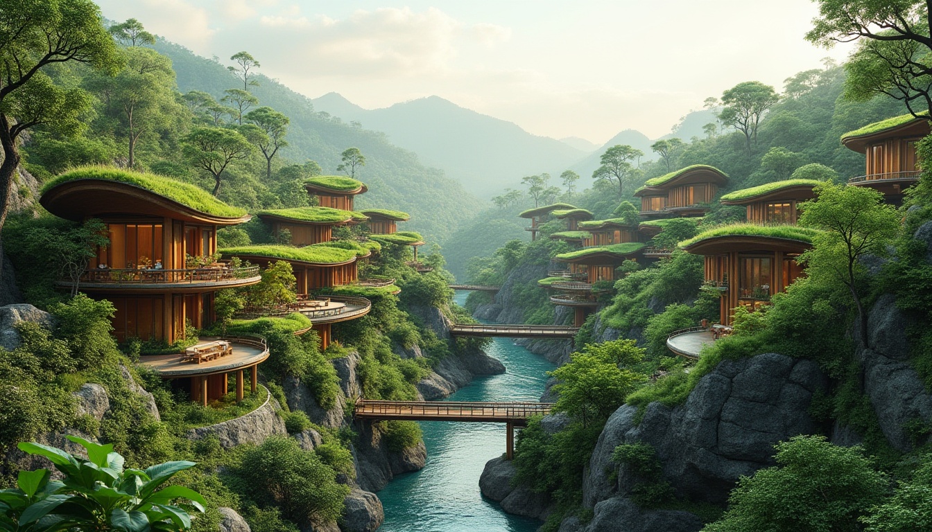 Prompt: Harmonious landscape integration, rolling hills, lush greenery, meandering water features, natural stone walls, wooden bridges, eco-friendly buildings, curved lines, organic shapes, living roofs, green facades, cantilevered structures, panoramic views, soft warm lighting, shallow depth of field, 3/4 composition, realistic textures, ambient occlusion.