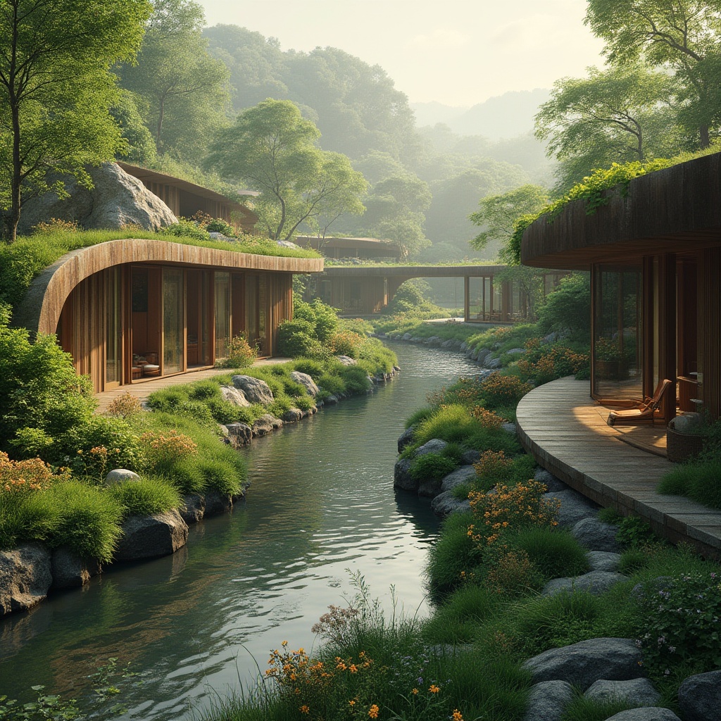 Prompt: Harmonious landscape integration, serene natural surroundings, lush greenery, meandering water features, organic architecture, curved lines, earthy tones, sustainable materials, living roofs, native plant species, blooming wildflowers, soft warm lighting, misty atmosphere, shallow depth of field, 2/3 composition, symmetrical balance, natural stone pathways, wooden accents, eco-friendly infrastructure, bird's eye view, realistic textures, ambient occlusion.