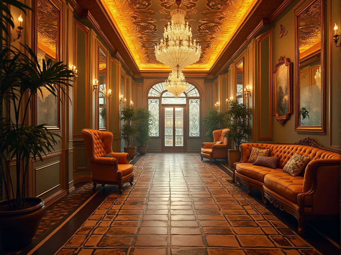 Prompt: Luxurious Art Deco palace, opulent golden accents, lavish bronze ornaments, rich jewel-toned velvets, sparkling crystal chandeliers, geometric patterned rugs, metallic silver walls, bold black outlines, glamorous champagne hues, sophisticated ivory shades, vintage-inspired typography, ornate mirrors, sunburst motifs, stylized florals, dramatic high-contrast lighting, cinematic smoke effects, 1/2 composition, shallow depth of field, realistic reflections.