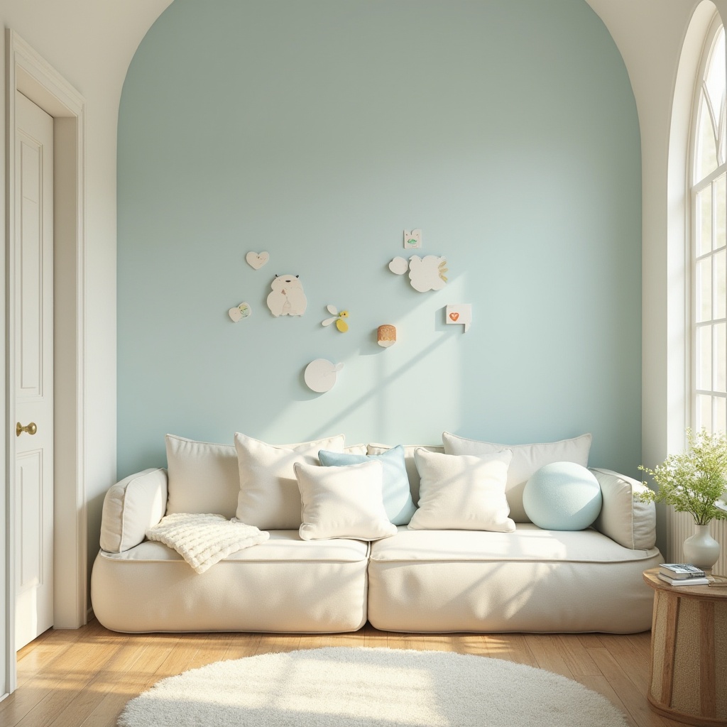 Prompt: Soft baby blue walls, calming atmosphere, creamy white accents, natural wood furniture, gentle curves, rounded edges, whimsical illustrations, pastel color scheme, subtle texture overlay, warm golden lighting, shallow depth of field, 1/1 composition, realistic render, ambient occlusion, cozy reading nook, plush area rug, oversized pillows, soothing background music, serene ambiance.