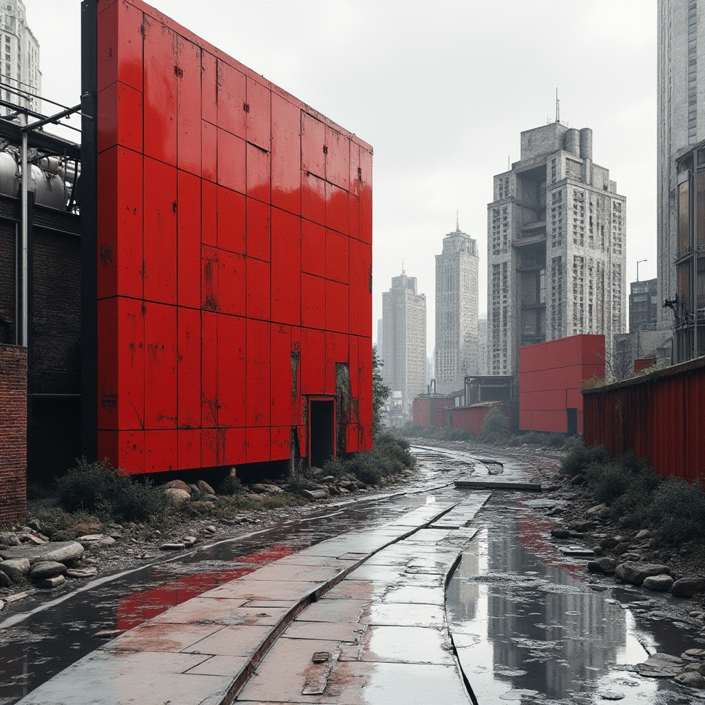 Prompt: Vibrant red accents, bold black outlines, stark white backgrounds, abstract geometric shapes, fragmented forms, overlapping planes, industrial materials, exposed brick textures, metallic surfaces, mechanistic details, urban cityscape, cloudy grey skies, dramatic shadows, high contrast lighting, 1/1 composition, symmetrical framing, futuristic atmosphere, avant-garde spirit, dynamic energy, kinetic movement.