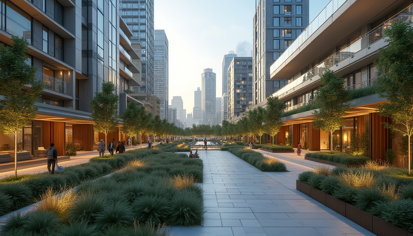 Prompt: Urban landscape, mixed-use development, pedestrian-friendly streets, green roofs, vertical gardens, modern high-rise buildings, sleek glass facades, minimalist design, natural stone walls, public art installations, vibrant streetlights, bustling city atmosphere, shallow depth of field, 1/2 composition, realistic textures, ambient occlusion.