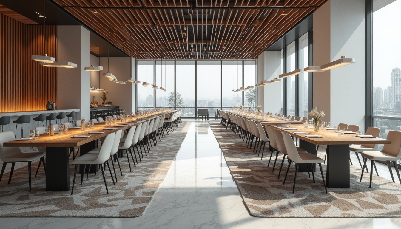 Prompt: Modern dining hall, minimalist interior design, sleek lines, monochromatic color scheme, polished marble floors, geometric-patterned rugs, low-hanging pendant lights, rectangular-shaped tables, ergonomic chairs, floor-to-ceiling windows, natural daylight, urban city view, 1/1 composition, shallow depth of field, soft warm lighting, realistic textures, ambient occlusion.