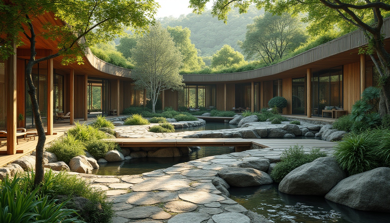 Prompt: Seamless landscape integration, blending architecture with nature, lush greenery, native plants, winding stone pathways, meandering water features, natural rock formations, weathered wooden bridges, rustic metal accents, earthy color palette, organic shapes, curved lines, sustainable design, eco-friendly materials, minimal environmental impact, serene atmosphere, soft warm lighting, shallow depth of field, 1/1 composition, panoramic view, realistic textures, ambient occlusion.