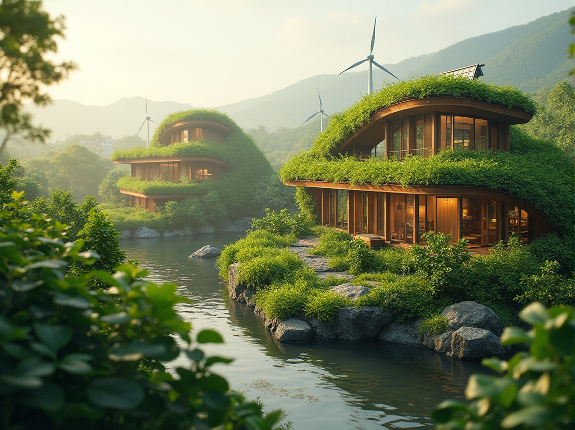 Prompt: Eco-friendly buildings, lush green roofs, solar panels, wind turbines, rainwater harvesting systems, recycled materials, natural ventilation systems, energy-efficient windows, bamboo flooring, living walls, vertical gardens, serene water features, minimalist design, organic shapes, earthy color palette, soft warm lighting, shallow depth of field, 3/4 composition, panoramic view, realistic textures, ambient occlusion.