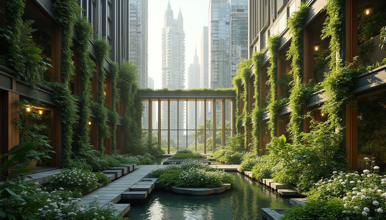 Prompt: Lush green walls, thriving plants, urban skyscrapers, modern architecture, steel beams, glass facades, vibrant flowers, living art installations, natural stone pathways, wood accents, eco-friendly materials, sustainable design, calm ambiance, soft warm lighting, shallow depth of field, 3/4 composition, panoramic view, realistic textures, ambient occlusion.