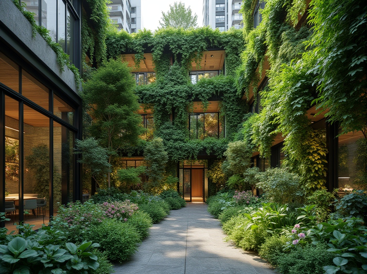 Prompt: Lush green walls, thriving plants, natural stone facades, modern urban architecture, sleek glass buildings, steel trellises, suspended planters, hydroponic systems, automated irrigation, vibrant flowers, foliage textures, soft warm lighting, shallow depth of field, 3/4 composition, panoramic view, realistic renderings, ambient occlusion.