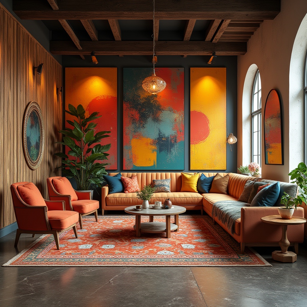 Prompt: Vibrant design studio, modern artistic space, eclectic furniture pieces, bold color blocking, abstract artwork, geometric patterns, rich textiles, metallic accents, natural wood tones, creative lighting fixtures, warm atmospheric glow, shallow depth of field, 1/1 composition, panoramic view, realistic textures, ambient occlusion.