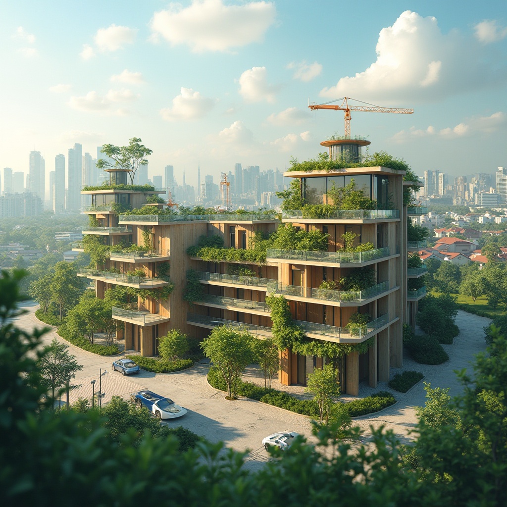 Prompt: Eco-friendly construction site, recycled materials, low-carbon footprint, green roofs, living walls, solar panels, wind turbines, rainwater harvesting systems, sustainable wood, reclaimed lumber, bamboo accents, natural fiber textiles, energy-efficient windows, insulated walls, minimalist design, circular economy principles, zero-waste policy, futuristic architecture, modern urban planning, vibrant cityscape, cloudy sky, soft natural lighting, shallow depth of field, 3/4 composition, panoramic view.