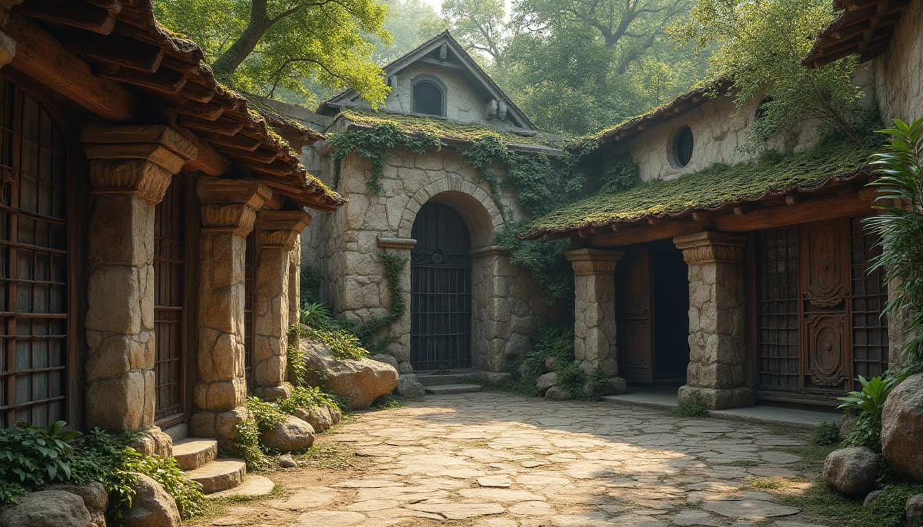 Prompt: Rustic zoo enclosure, distressed stone walls, moss-covered rocks, worn wooden fencing, vintage metal gates, ornate ironwork, naturalistic animal habitats, earthy tones, muted color palette, weathered wood textures, rough-hewn stone carvings, intricate masonry details, warm soft lighting, shallow depth of field, 2/3 composition, realistic ambient occlusion.