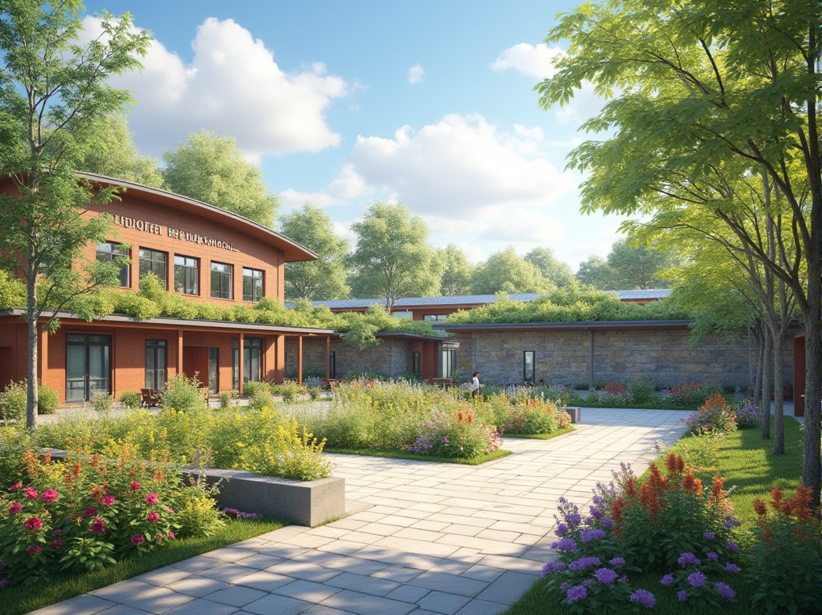 Prompt: Vibrant high school campus, lush green roofs, blooming gardens, outdoor classrooms, natural stone walls, wooden benches, educational signage, modern architecture, large windows, glass doors, sunny day, soft warm lighting, shallow depth of field, 3/4 composition, panoramic view, realistic textures, ambient occlusion, harmonious landscape integration, seamless transitions, eco-friendly materials, innovative stormwater management systems, rain gardens, permeable pavements, native plant species, walking trails, outdoor recreational spaces, shaded areas, misting systems.