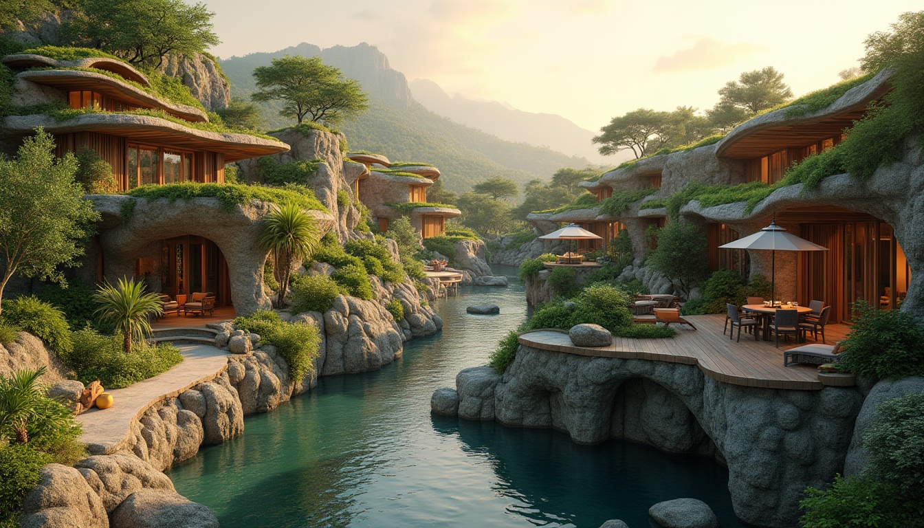 Prompt: Seamless landscape integration, organic curves, natural stone walls, lush green roofs, native plant species, meandering water features, rustic wooden decks, earthy color palette, soft gradient skies, warm golden lighting, shallow depth of field, 2/3 composition, serene atmosphere, realistic textures, ambient occlusion.