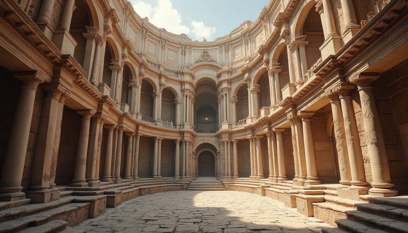 Prompt: Ancient Roman amphitheater, grandiose arches, robust stone columns, ornate carvings, weathered limestone walls, tiered seating areas, central arena, majestic entrance gates, vaulted ceilings, rusticated bases, classical Corinthian capitals, intricate mosaic patterns, warm golden lighting, dramatic shadows, 1/1 composition, symmetrical axis, low-angle shot, ambient occlusion.