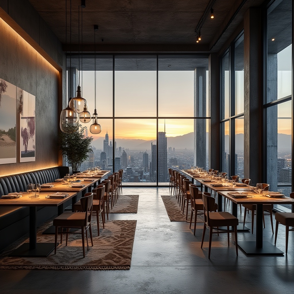 Prompt: Minimalist dining hall, large glass windows, industrial metal frames, polished concrete floors, sleek wooden tables, modern chairs, abstract art pieces, geometric patterned rugs, ambient warm lighting, shallow depth of field, 1/1 composition, natural materials, monochromatic color scheme, urban cityscape views, evening atmosphere, soft focus, realistic textures.