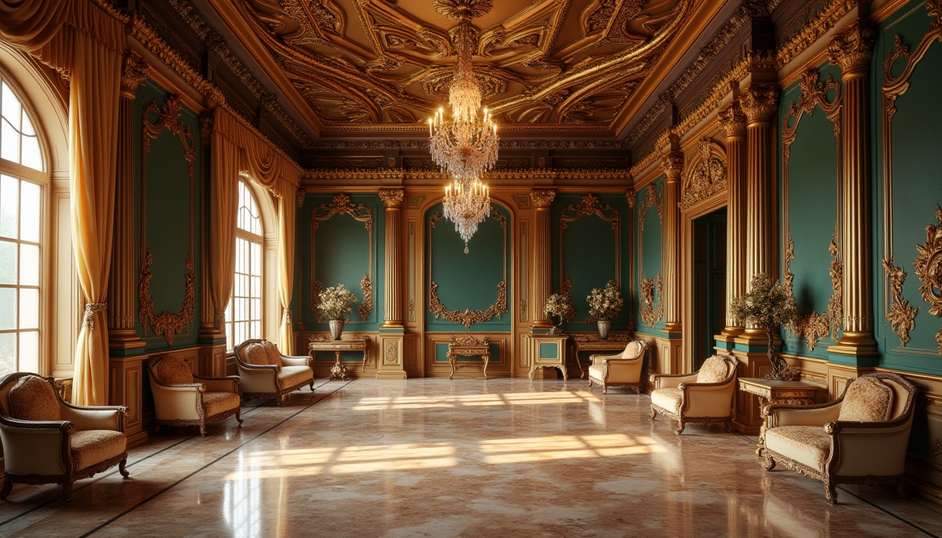 Prompt: Richly ornate Baroque-style interior, lavish golden accents, warm beige marble floors, intricately carved wooden furniture, opulent velvet drapes, jewel-toned emerald green walls, soft cream-colored ceilings, dramatic shadowy lighting, subtle bronze metallic tones, ornate gilded frames, luxurious satin fabrics, intense crimson red highlights, warm honey-brown wood tones, elegant crystal chandeliers, mysterious dark backgrounds, highly decorative ornamentation, grandiose architectural elements.