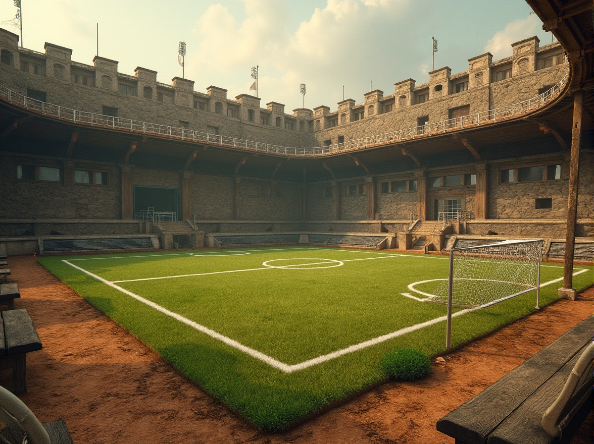 Prompt: Rustic sports field, natural grass turf, earthy brown soil, weathered stone walls, ancient-inspired architecture, ornate metal fences, vintage-style goalposts, distressed wood benches, nostalgic lanterns, warm golden lighting, shallow depth of field, 2/3 composition, symmetrical framing, realistic textures, ambient occlusion.