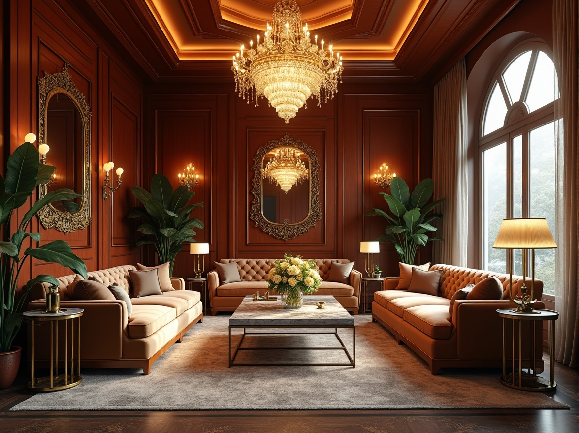 Prompt: Luxurious living room, opulent chandelier, bold geometric patterns, metallic accents, lavish textiles, curved lines, ornate mirrors, velvet sofas, marble coffee tables, rich wood paneling, statement lighting fixtures, glamorous Hollywood regency vibes, dramatic drapery, lavish floral arrangements, sophisticated color palette, warm golden lighting, 1/1 composition, shallow depth of field, cinematic ambiance, nostalgic Art Deco flair.