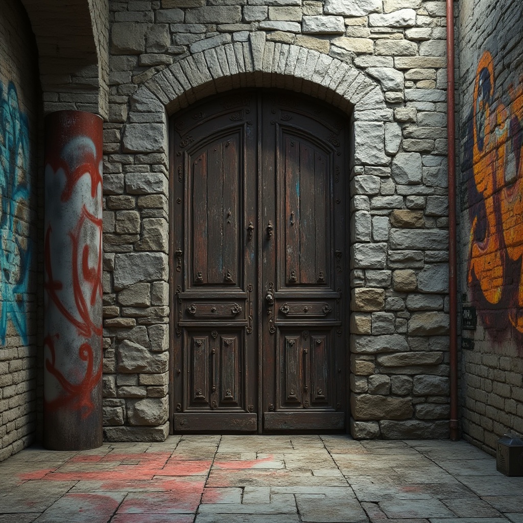 Prompt: Rough stone walls, rustic wooden planks, vintage metal gates, distressed concrete floors, ornate Gothic arches, vibrant graffiti murals, eclectic mix of textures, richly detailed 3D models, high-contrast lighting, dramatic shadows, cinematic composition, atmospheric mist, subtle depth cues, realistic material responses, intricate surface details, abstract expressionist patterns.