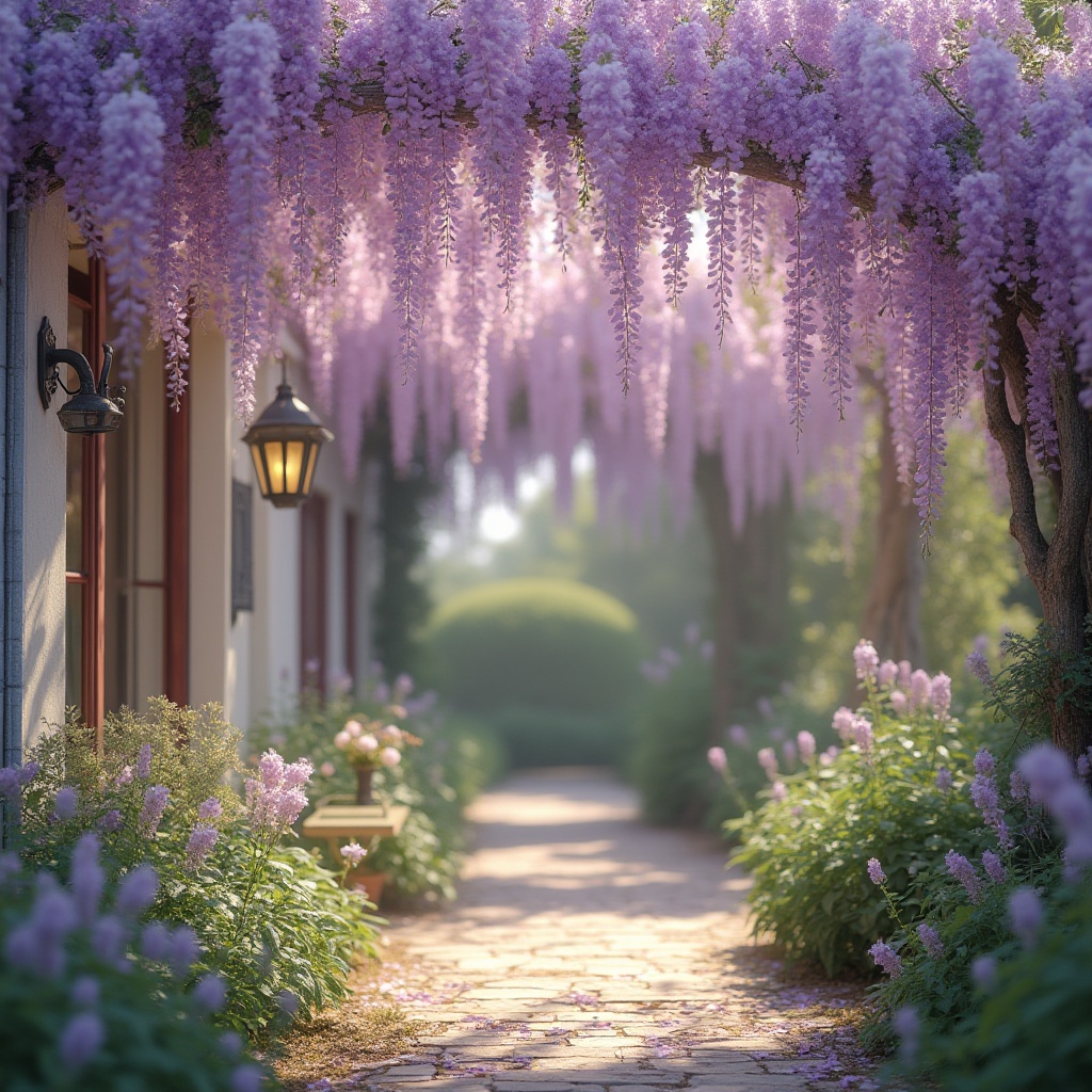 Prompt: Soft purple wisteria flowers, delicate petals, pastel hues, gentle color transitions, harmonious palette, soothing atmosphere, whimsical garden setting, lush greenery, warm sunlight, soft focus, shallow depth of field, 1/2 composition, natural textures, vibrant yet muted colors, subtle gradient effects, romantic ambiance, elegant architecture, ornate details, French country style, distressed wood accents, vintage metal lanterns.