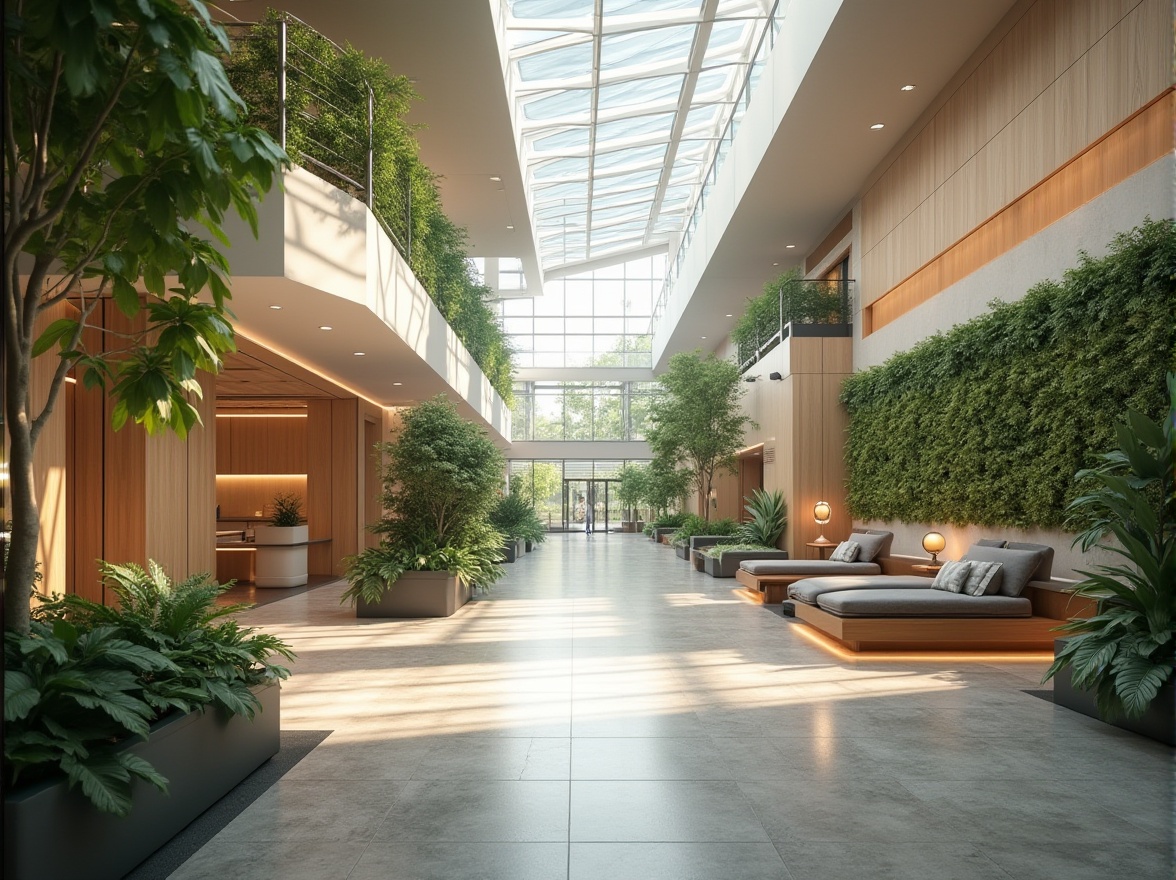 Prompt: Spacious hospital lobby, high ceilings, clerestory windows, skylights, natural stone flooring, wooden accents, minimalist decor, abundant greenery, living walls, water features, soft warm lighting, shallow depth of field, 3/4 composition, panoramic view, realistic textures, ambient occlusion.