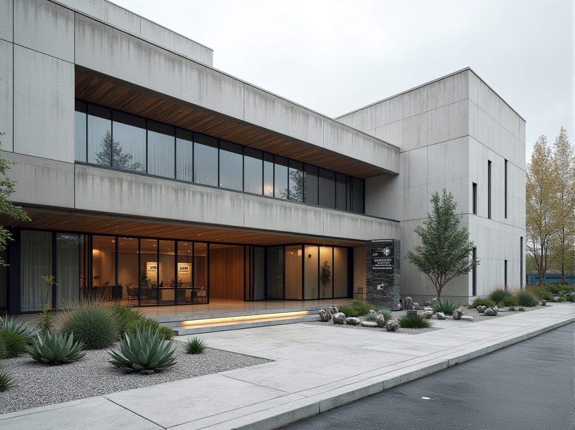 Prompt: Minimalist hospital facade, clean lines, rectangular shapes, industrial materials, steel beams, concrete walls, large windows, natural light, urban landscape, asphalt pavement, geometric planters, succulent plants, gravel groundcover, modern outdoor furniture, sleek benches, bold typography, directional signage, abstract sculptures, functional water features, rain gardens, permeable pavers, sustainable drainage systems, muted color palette, overcast sky, soft diffused lighting, shallow depth of field, 2/3 composition, symmetrical framing, high-contrast textures.