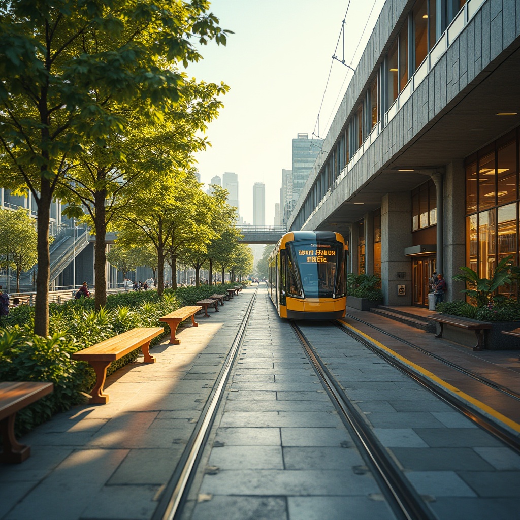 Prompt: Vibrant tram station, lush greenery, natural stone walls, wooden benches, modern architecture, large windows, glass roofs, urban landscape integration, elevated platforms, staircases, escalators, pedestrian bridges, cityscape views, sunny day, soft warm lighting, shallow depth of field, 3/4 composition, panoramic view, realistic textures, ambient occlusion, urban furniture, public art installations, dynamic LED displays.