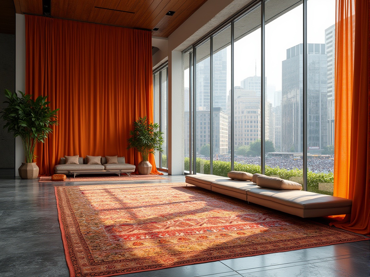 Prompt: Vibrant woven fabrics, intricate patterned rugs, luxurious velvet drapes, modern minimalist interior design, sleek metal frames, large glass windows, natural light illumination, soft warm ambiance, shallow depth of field, 3/4 composition, panoramic view, realistic textures, ambient occlusion, urban cityscape, bustling streets, contemporary architecture, innovative materials integration, sustainable building practices, energy-efficient systems, green roofs, living walls, dynamic spatial experience.