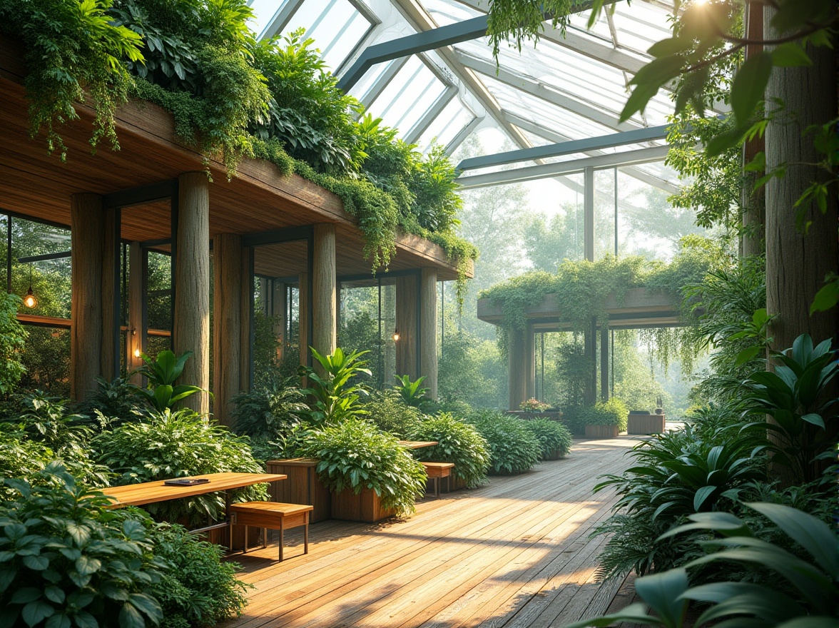 Prompt: Lush green walls, transparent roofing, natural ventilation systems, reclaimed wood accents, living roofs, rainwater harvesting systems, solar panels, wind turbines, eco-friendly building materials, organic gardens, botanical specimens, misting irrigation systems, bamboo flooring, recycled glass surfaces, earthy color palette, soft diffused lighting, shallow depth of field, 1/1 composition, intimate scale, serene ambiance, realistic textures, ambient occlusion.