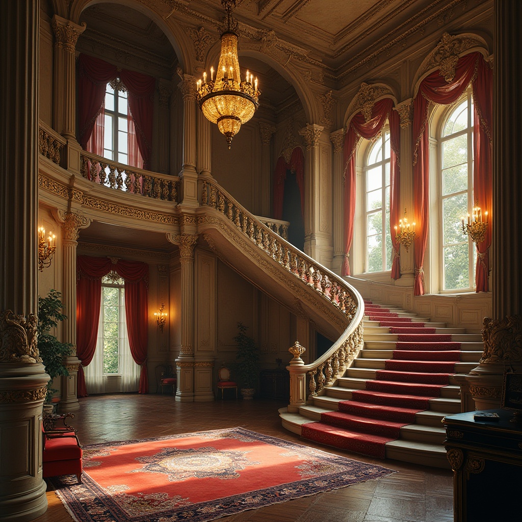 Prompt: Opulent Baroque mansion, intricately carved stone facades, grandiose entranceways, ornate balconies, sweeping staircases, lavish chandeliers, richly patterned rugs, velvet drapes, gilded furnishings, Rococo-inspired decorative motifs, soft warm lighting, dramatic shadows, high contrast ratio, 1/1 composition, realistic textures, ambient occlusion.