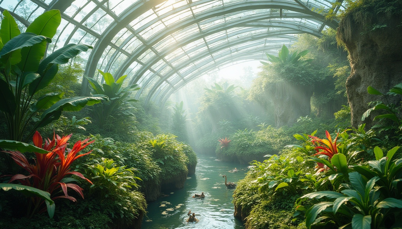 Prompt: Lush tropical vegetation, exotic flowers, misty atmosphere, natural light diffusion, futuristic greenhouse architecture, curved glass surfaces, minimalist metal frames, organic shapes, sustainable materials, living walls, green roofs, hydroponic systems, aerodynamic structures, soft warm lighting, shallow depth of field, 3/4 composition, panoramic view, realistic textures, ambient occlusion, vibrant colorful accents, intricate botanical patterns.