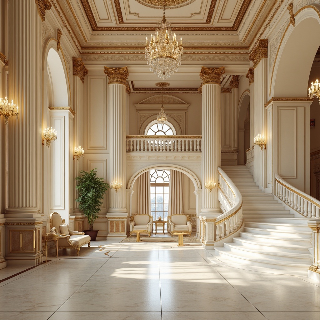 Prompt: Elegant neoclassical facade, creamy white marble, soft golden limestone, muted earthy tones, rich walnut wood accents, subtle copper detailing, ornate bronze fixtures, grandiose columns, symmetrical arches, sweeping staircases, lavish chandeliers, warm beige interior walls, decorative ceiling moldings, luxurious velvet drapes, antique furnishings, traditional oil paintings, refined sculptural elements, classic proportions, harmonious color balance, natural light filtering, softbox lighting, 1/2 composition, realistic textures, ambient occlusion.